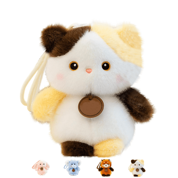 Fluffy Stuffed Animals Plush Keychain, Kawaii Elephant Lamb Lop Rabbit Red Panda Calico Cat Stuffed Doll Pendant with Wrist Strap, Mini Soft Plushies Backpack Charm Gift for Girls Teens Beige