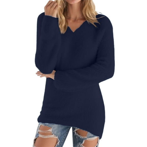 Fluffy Sweaters ,Long Sleeve Pullover Sweater V Neck Loose Knit Tops Fleece Pullover Women Warm Knitwear Sweater Tops Fluffy Fleece Sweater Pullover Sweatshirt For Women