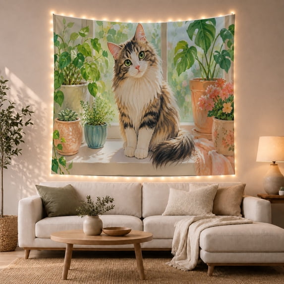 Fluffy Tabby Cat on Sunny Windowsill with Plants, Cozy and Painterly Style for Cat Lovers, Botanical Wall Art, Housewarming Gift Tapestry Wall Hanging for Living Room and Bedroom