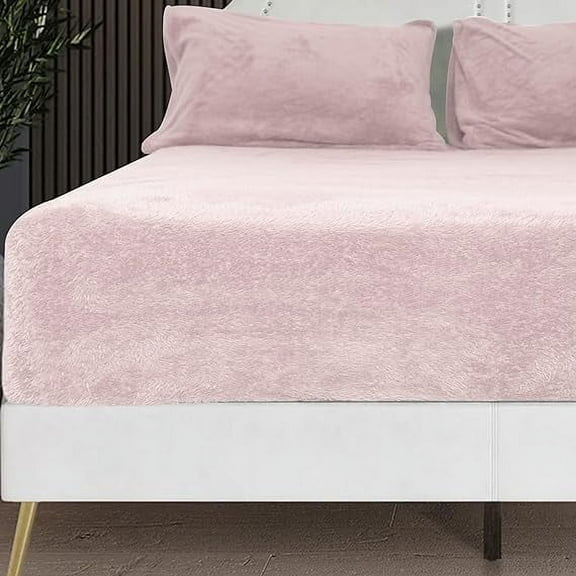 Fluffy Teddy Fleece Pink Queen Fitted Sheet- 1 Deep Pocket Furry Fleece Fitted Sheet and 2 Piece Pillowcases