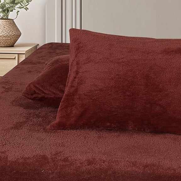 Teddy Fleece Fitted Sheet King- 1 Deep Pocket Furry Fleece Fitted Sheet Red and 2 Piece Pillowcases