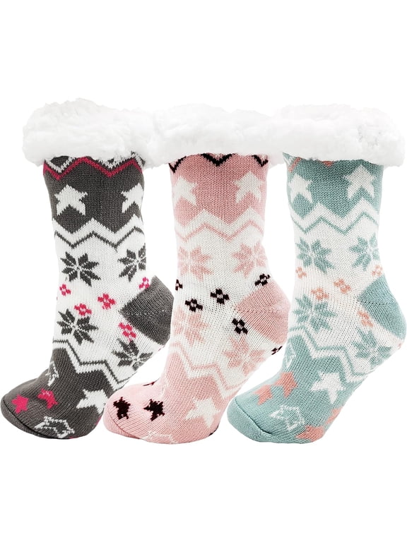 Fluffy Thermal Sherpa Slipper Socks, 3 Pairs for Women, Ultra Soft Christmas Winter Non Skid