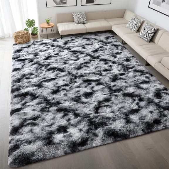 Fluffy Tie-Dyed Black White Rugs for Bedroom Living Room, 6x9 Large Soft Plush Shaggy Dark Girls Boys Kids Rug, Upgraded Non-Slip and Machine Washable Carpet for Dorm Nursery Classroom Decor