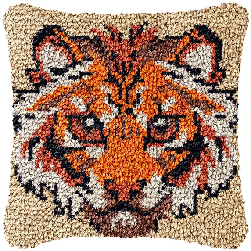 Fluffy Tiger Big Cat Latch Hook Pillow Cover Kits for DIY Handmade Throw Pillow Cross Stitch Latch Hook Pillowcase Rug Kits with Preprinted Color Pattern Canvas Crochet Yarn Kits 17''X 17''(ch119)