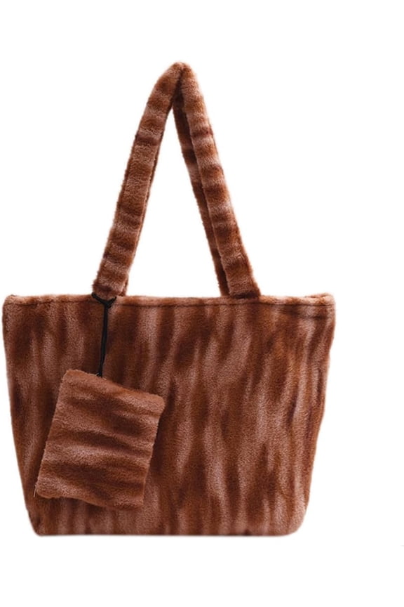 Fluffy Tote Bag with Coin Purse for Women Plush Shoulder Handbag Fuzzy Hobo Tote Bag for Work Travel Shopping