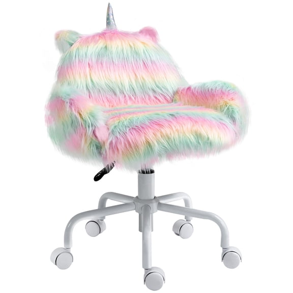 Fluffy Unicorn Vanity Office Chair Rainbow Swivel Mid Back Armrest Nylon Casters Colorful