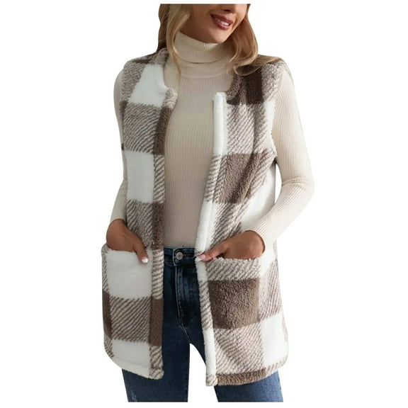 Fluffy Vest Plaid Jacket Women Comfy Warm Sleeveless Open Front Cardigan Sweaters Plush Fleece Coat with Pockets (XX-Large, Khaki)