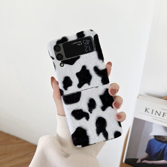 Fluffy Warm Case for Samsung Galaxy Z Flip 3, Back Stylish Beaded Chain Strap Cold Weather Winter Autumn Slim Phone Case, Cute Cow Pattern Plush Folding Cover for Women Girls,Black+White
