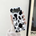 thumbnail image 1 of Fluffy Warm Case for Samsung Galaxy Z Flip 3, Back Stylish Beaded Chain Strap Cold Weather Winter Autumn Slim Phone Case, Cute Cow Pattern Plush Folding Cover for Women Girls,Black+White+Chain, 1 of 10