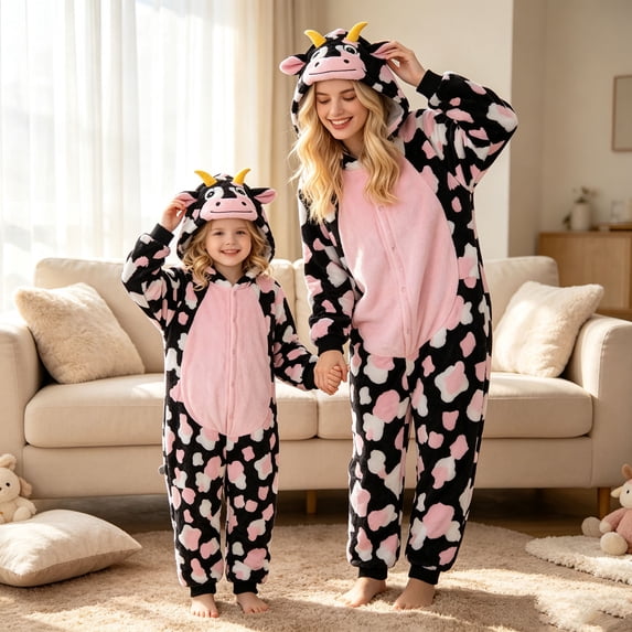 Fluffy Warm Family Matching Pajamas Cow Spotted Print Flannel Button Hooded One Piece Jumpsuit Loungewear for Adults Kids