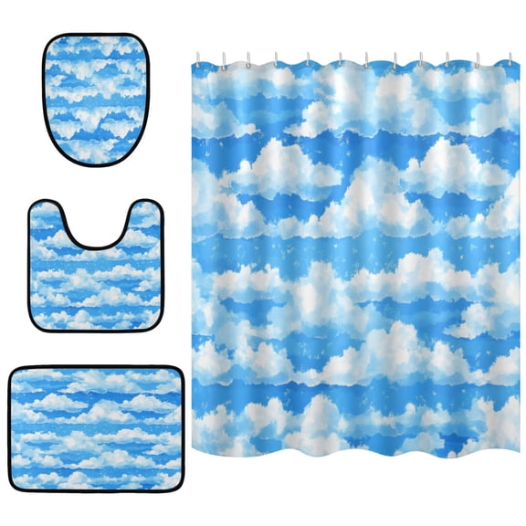 Fluffy White Clouds Bathroom Accessory Curtain Sets Bath Curtain Anti-Slip Mats and Toilet Pad 66x72in