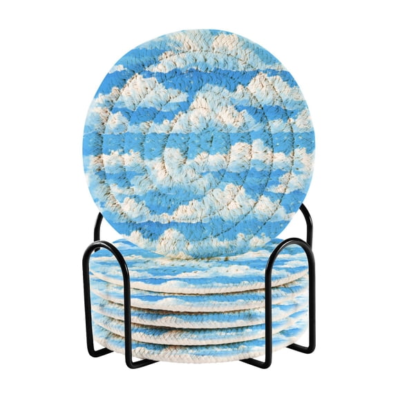 Fluffy White Clouds 4in Bar Coasters Set of 6 with Storage Rack Durable Heat Resistant