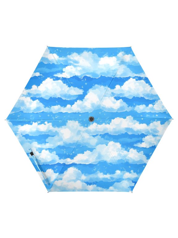 Fluffy White Clouds Folding Umbrella UV50+ Waterproof Sun Protection Auto Open Close Compact Fiberglass Frame