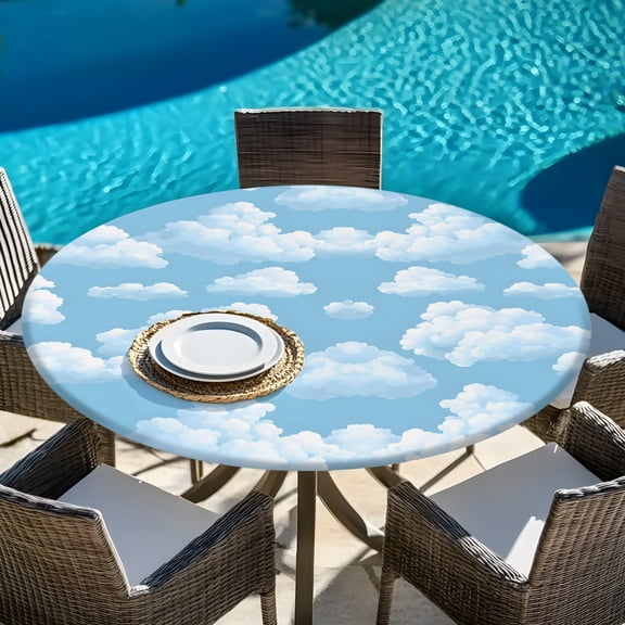 Fluffy White Clouds Round Fitted Tablecloth with Elastic Edge,Waterproof Table Cloth Fits Tables Up to 45"-54",Wipeable Table Cover for Indoor Outdoor Dinning Party,Symmetrical Blue Sky Pattern
