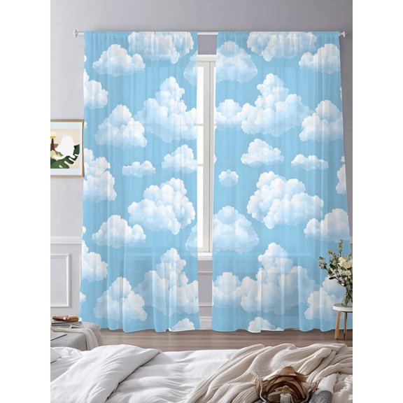 Fluffy White Clouds Sheer Curtains 2 Panels Set Symmetrical Blue Sky Pattern Lihgt Filtering Rod Pocket Voile Drape,Semi Sheer Window Curtains for Bedroom Living Room,52"x84"