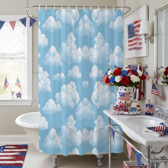 Fluffy White Clouds Shower Curtain for Bathroom, Symmetrical Blue Sky Pattern Waterproof Shower Curtains Washable Quick Dry with Hooks Bathtub Curtains 72x84IN