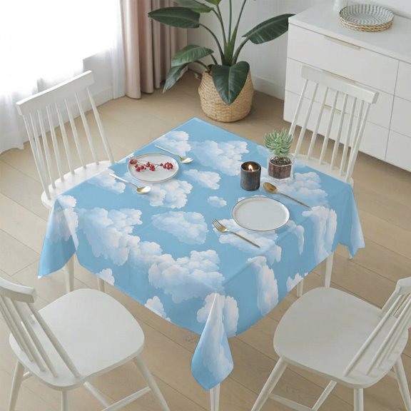 Fluffy White Clouds Table Cloth 54x54in, Waterproof Square Tablecloth Wipeable Tablecloths Symmetrical Blue Sky Pattern Table Covers for Dining Tables Party Indoor Outdoor