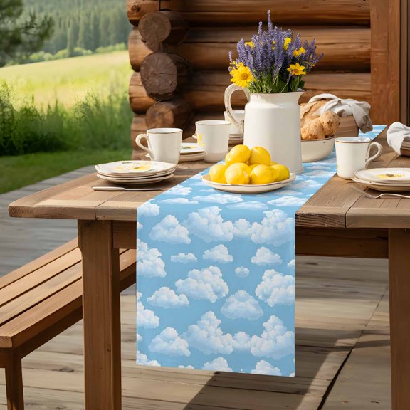 Fluffy White Clouds Table Runner 13x36in Non-Slip Cotton Linen Table Runners, Symmetrical Blue Sky Pattern Dresser Scarves TableRunner for Dinner Kitchen Dining Wedding Party