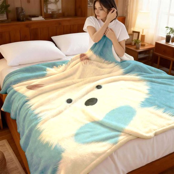 Fluffy White Dog Throw Blanket, Modern Geometric Pattern, HD Digital Print, Soft Polyester All-Season Cozy Blanket, Machine Washable for Bedroom Sofa Living Room, Valentine's Day Gift