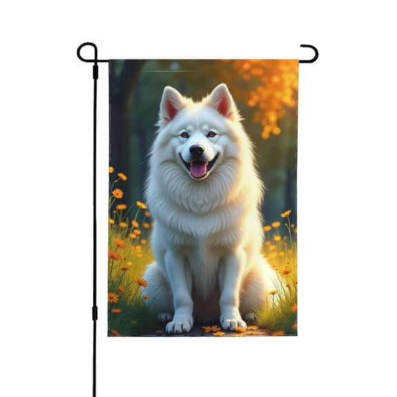 Fluffy White Dog Welcome Garden Flag 12x18 Inch Double Sided Adorable Samoyed Outdoor Yard Decoration For Porch, Lawn & Patio