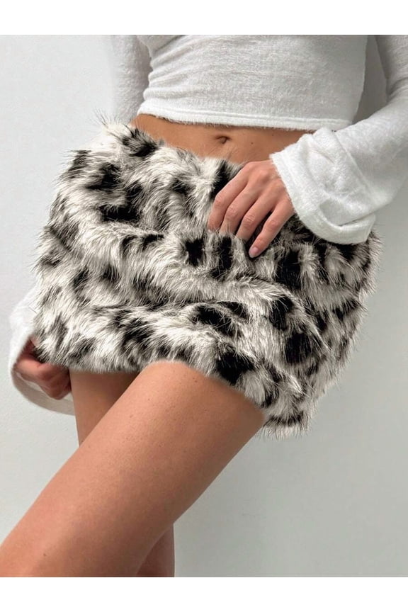 Fluffy White Leopard Print Low-Waist Mini Skirt For Women Faux Fur