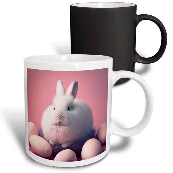 3drose, Fluffy White Rabbit in a Nest with Eggs Easter, 11oz Magic Transforming Mug
