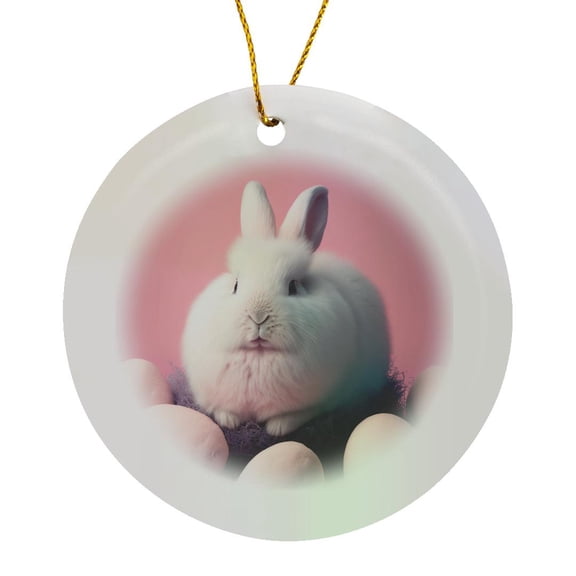 3drose, Fluffy White Rabbit in a Nest with Eggs Easter, Circle Porcelain Ornament