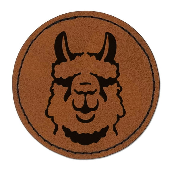 Fluffy Wooly Llama Head 2.5" Faux Leather Round Engraved Iron-On Patch - Brown