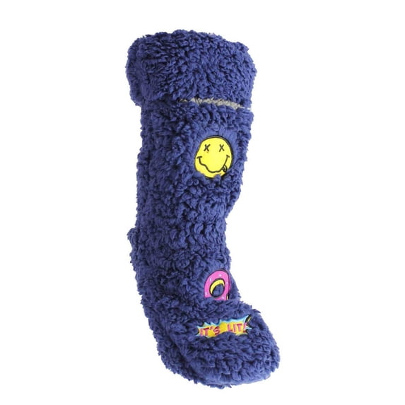 Fluffy cell phone pocket slipper sock, Navy, Lit patches