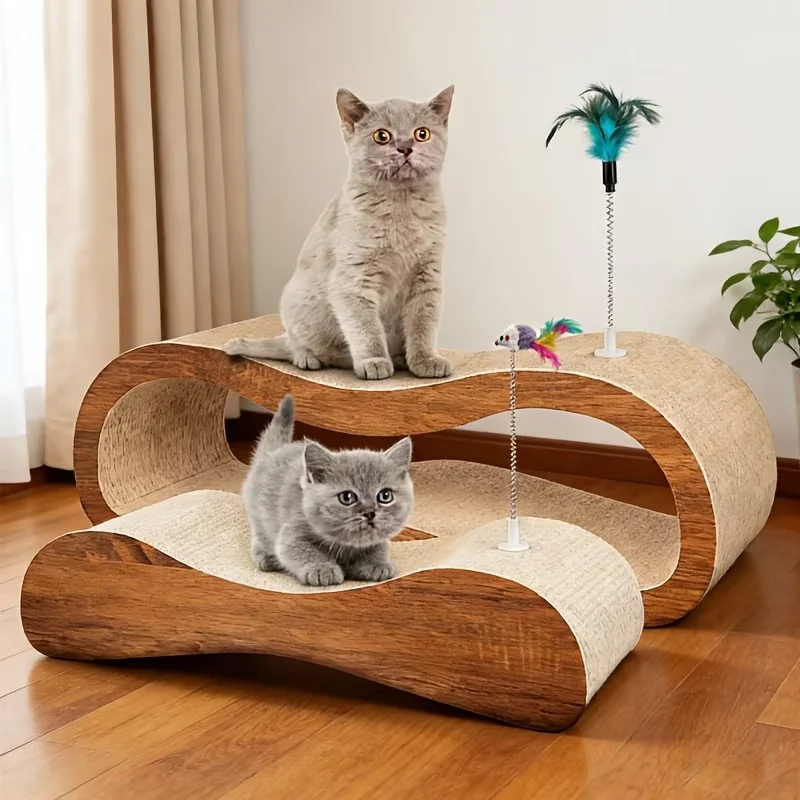FluffyDream 2 in 1 Scratcher Cardboard Lounge Bed | Durable Multilayer Board Pads Prevents Furniture Damage, Large with Toys, Christmas Gift