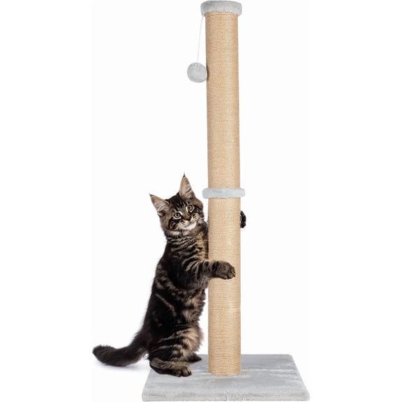 FluffyDream 37'' Cat Scratching Post, Natural Sisal Rope Scratcher with Dangling Teaser Ball and Covered with Soft Plush for Kittens and Adult Cats, Sand Color