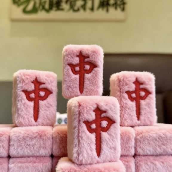 FluffyFortune Elite: Ultimate Handmade Faux Fur Mahjong Set with 144 Tiles, Luxurious Plush Board Game for Girly Home Decor & Social Fun, Giant Soft Tiles with Storage Case, Blossom Pink