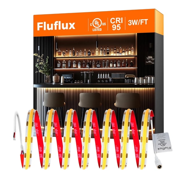 Fluflux COB LED Strip Lights 2700K, 24V DC Tape Light with Strong 3M VHB Tape, CRI 95, UL Listed, Cuttable, Dimmable, 3W/FT for Bars, Restaurants, Hallways, Cozy Ambiance (NO Power Supply)