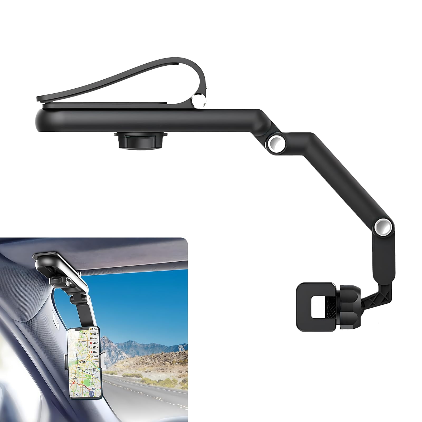 Fluher 1 PC Car KEF16 Sun Visor Mobile Phone Holder, 360-degree Rotating Portable Navigation Stand, Multifunctional Retractable Rearview Mirror Moving Phone Bracket, Universal for iPhone (Gray)