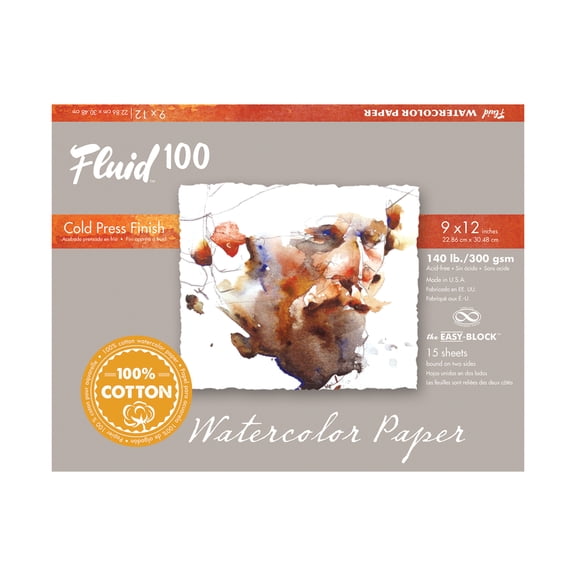 Speedball Fluid 100 Cold Press Watercolor Paper Block, 140 lb (300 GSM), 9x12 in, 15 Sheets