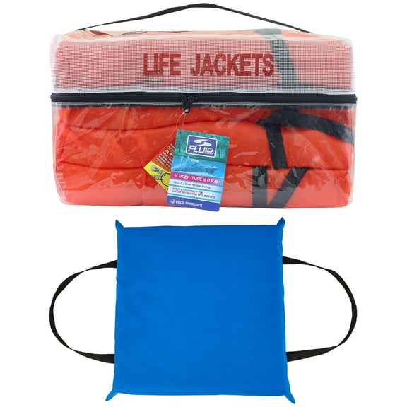 Fluid Adult USCG Type II Life Vest, 4 Pack, and X2O USCG Type IV Throwable Boat Cushion