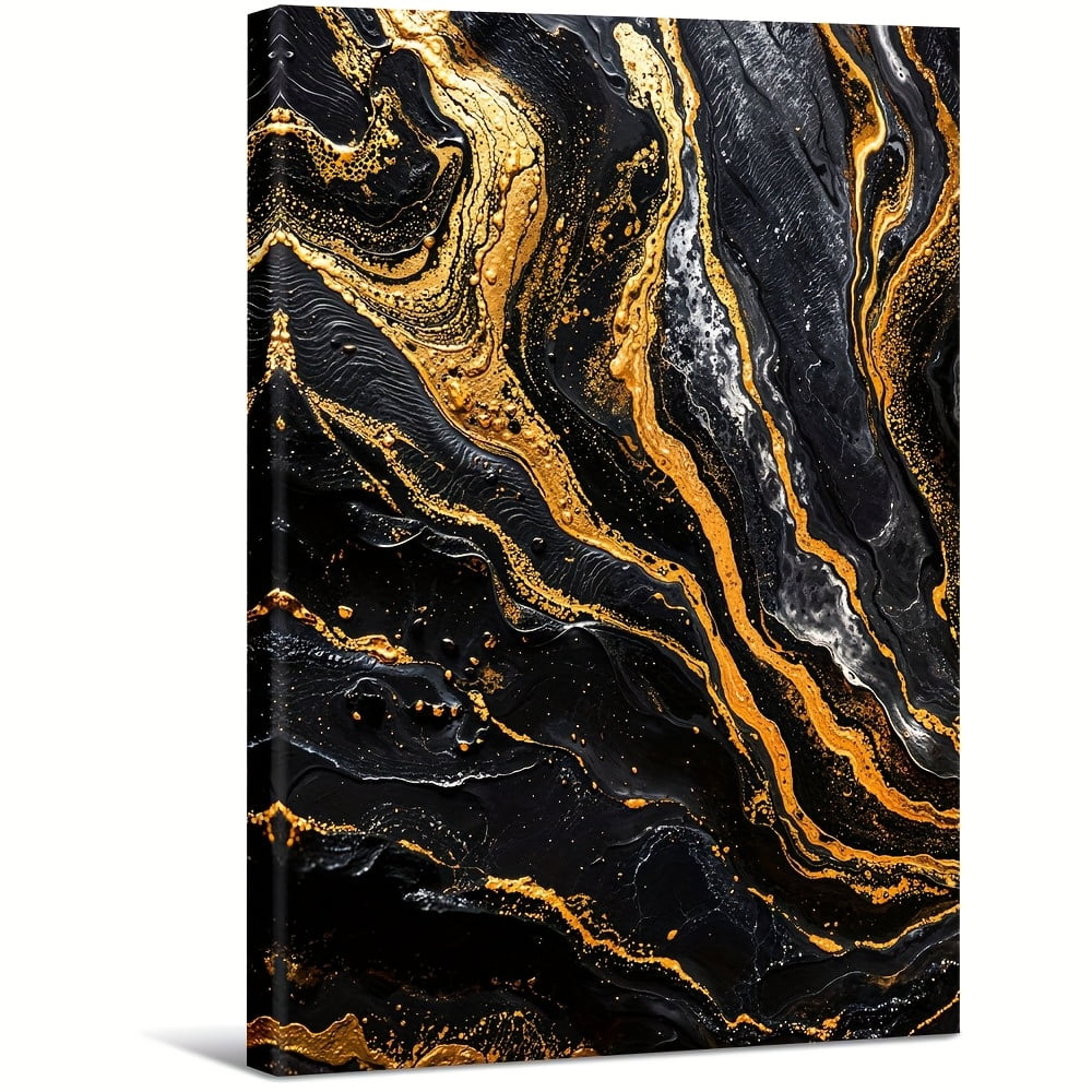 Fluid Art Marble Pattern In Black And Gold Large Wooden Framed Wall Art