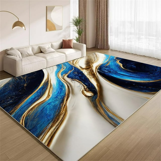 Fluid Blue Gold Rug 4x7ft Area Rugs Luxury Blue Gold Marble Rugs Ultra