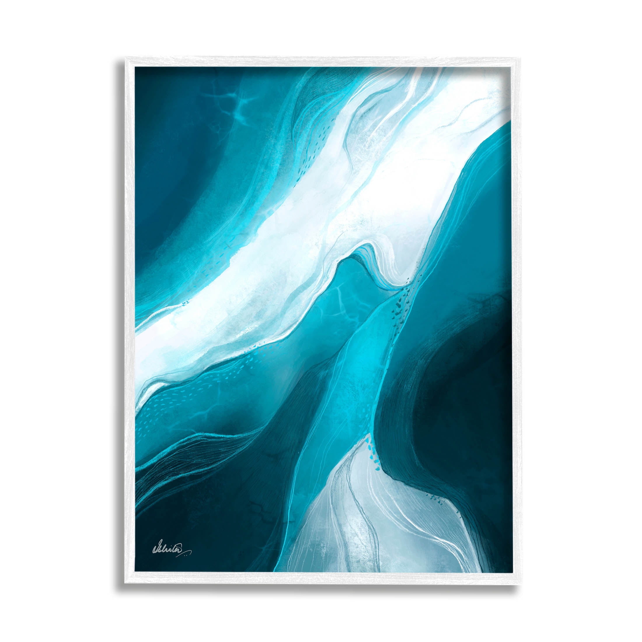 Fluid Blue Shapes Arrangement Abstract Graphic Art White Framed Art Print Wall Art