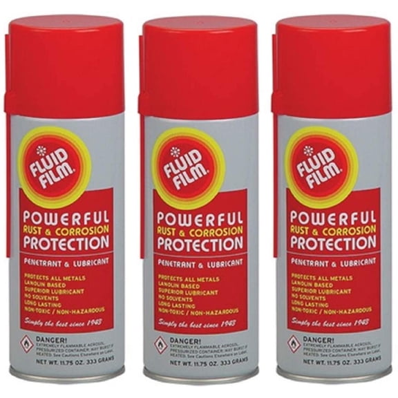 Fluid Film (3 Aerosol Cans) Rust & Corrosion Protection; Metal Surface Penetrant & Lubricant, Marine, Automotive, Industrial, Home, 11.75 Oz