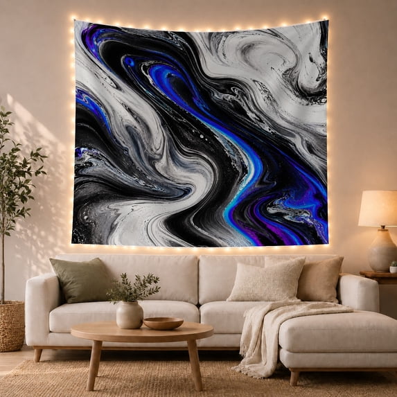 Fluid Marble Swirls on a Black Background, Energetic Abstract Art for Modern Art Enthusiasts, Wall Art Decor, Housewarming Gift Tapestry Wall Hanging for Living Room and Bedroom