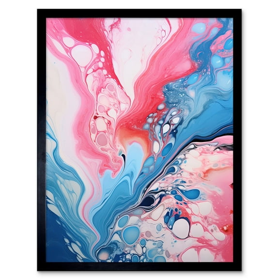 Fluid Paint Acrylic Pouring Abstract Artwork Pink Blue Flowing Colours Art Print Framed Poster Wall Decor 12x16 inch