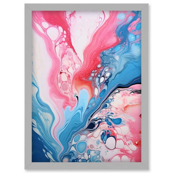 Fluid Paint Acrylic Pouring Abstract Artwork Pink Blue Flowing Colours Artwork Framed Wall Art Print A4