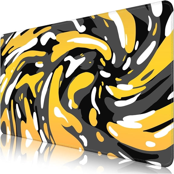 Fluid Pattern Desk Mat Marbled Design Desk Pad,Gaming Mouse Pad with Seamed Edges,Waterproof Large Mouse Pad,Non-Slip Rubber Base XL Gaming Mousepad,31.5x11.8In Computer Mat Keyboard Pad Yellow-Black