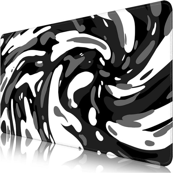 Fluid Pattern Desk Mat Marbled Design Desk Pad,Gaming Mouse Pad with Seamed Edges,Waterproof Large Mouse Pad,Non-Slip Rubber Base XL Gaming Mousepad,31.5x11.8 in Computer Mat Keyboard Pad White-Black