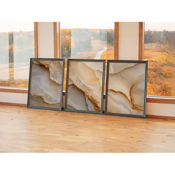 Fluid Stone Golden Marble Texture Triptych Organic Curve Luxury Gallery Set For Decorative Wall Art Poster, , Poster Only