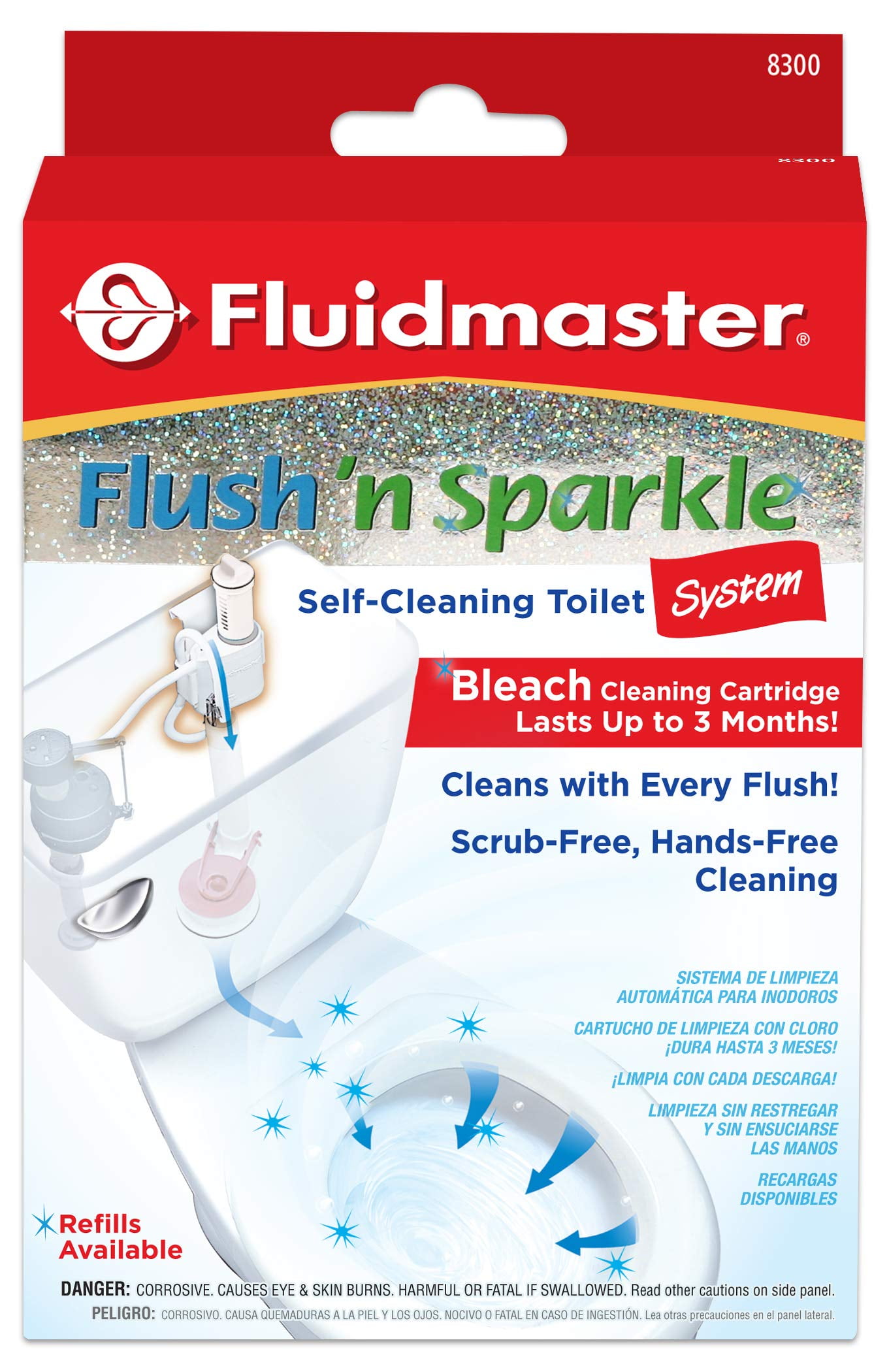 FLUSH' N SPARKLE Fluidmaster 8300 Flush 'n Sparkle Automatic Toilet Bowl Cleaning System with Bleach Cartridge