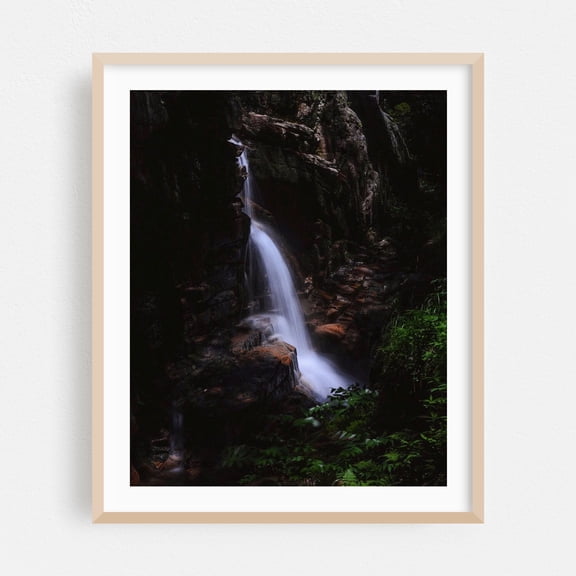 Flume Gorge Waterfall - Lincoln New Hampshire Photography Waterfall Nature Forest Moody Scenic Landscape Woods Oak Framed Wall Art Print 16 x 20 inches