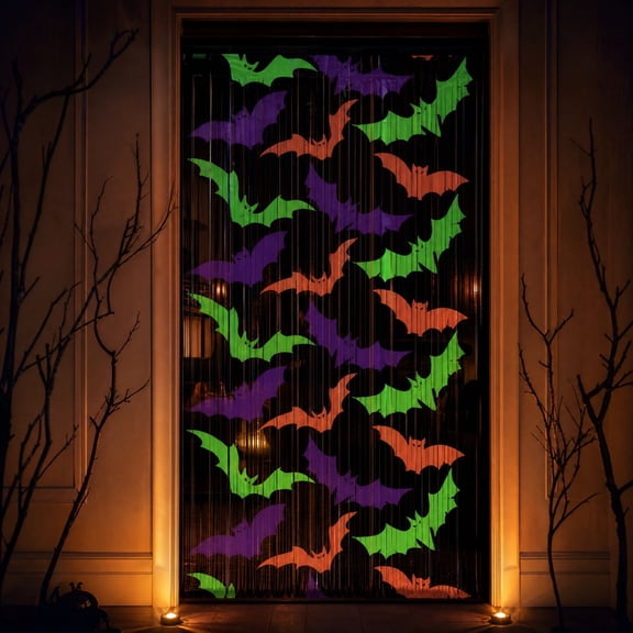 Fluorescent Bat Foil Fringe Curtain 6 FT, Halloween Party Backdrop Decoration with Glow Effect, Spooky Doorway Entry Photo Booth Prop