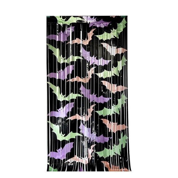 Fluorescent Bat Foil Fringe Curtain, Plastic Halloween Rain Curtain Backdrop for Party and Photo Decor
